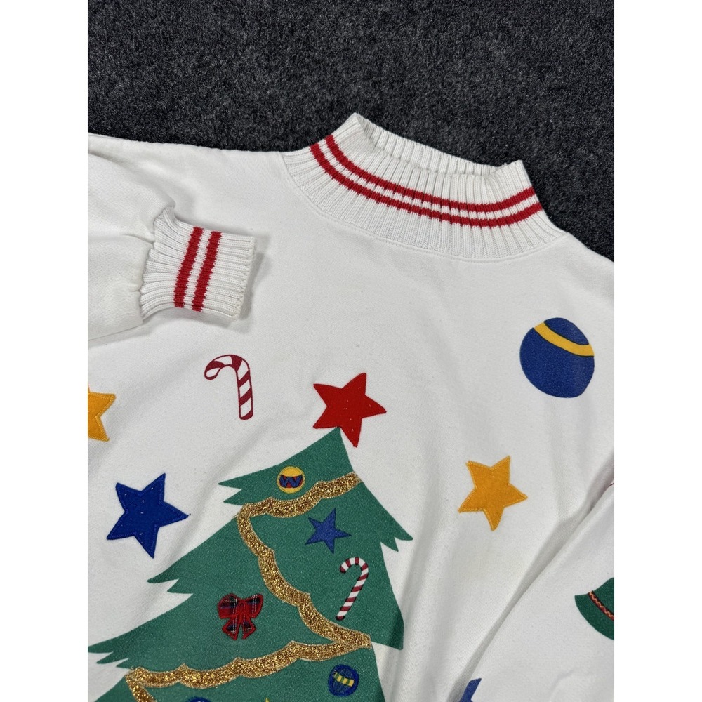 VTG 90s Christmas Tree Ugly Christmas Sweatshirt Mens Large White Fleece Lined